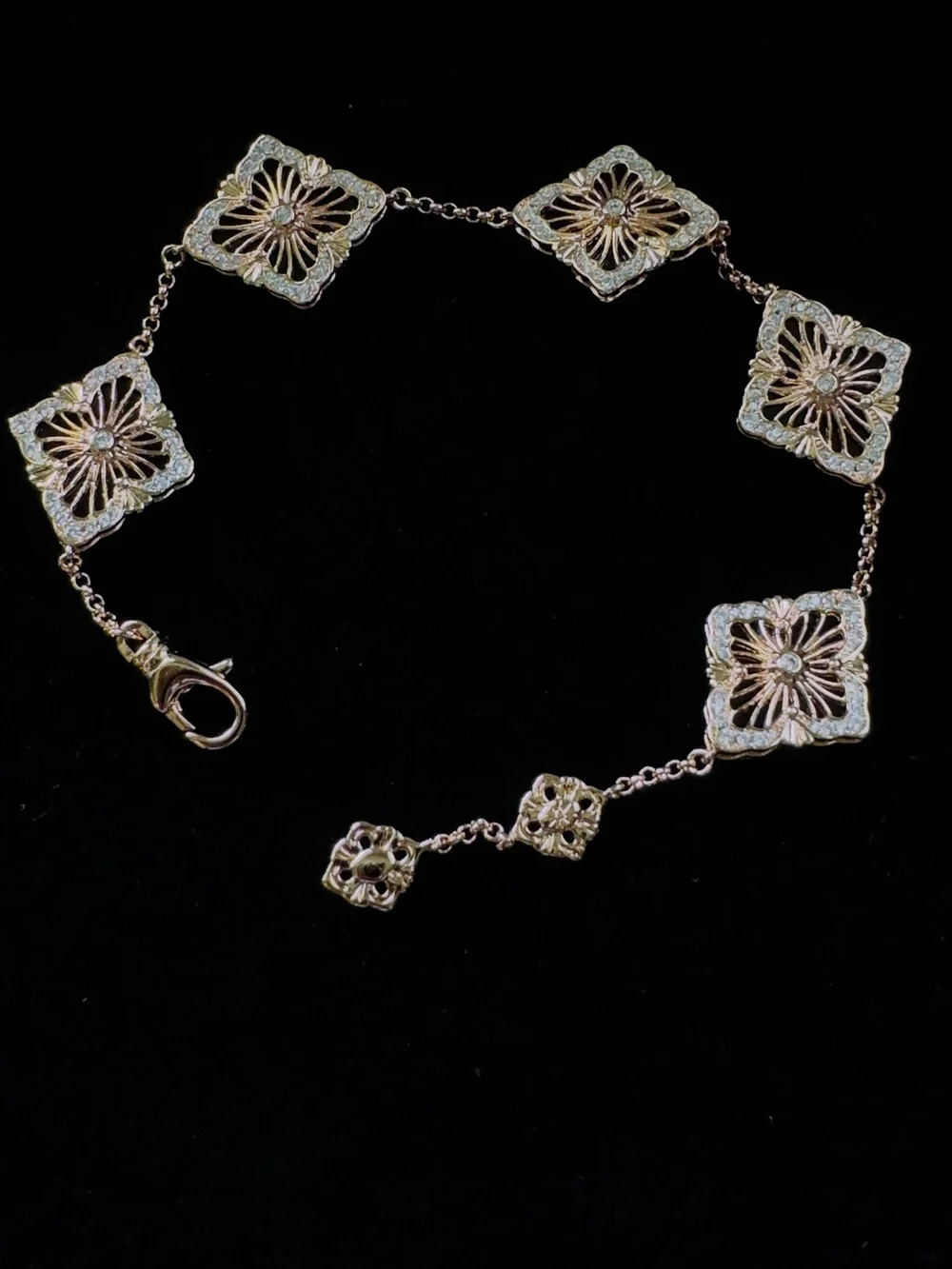 Elegant Rose Gold Floral Filigree Square-Link Bracelet— Red